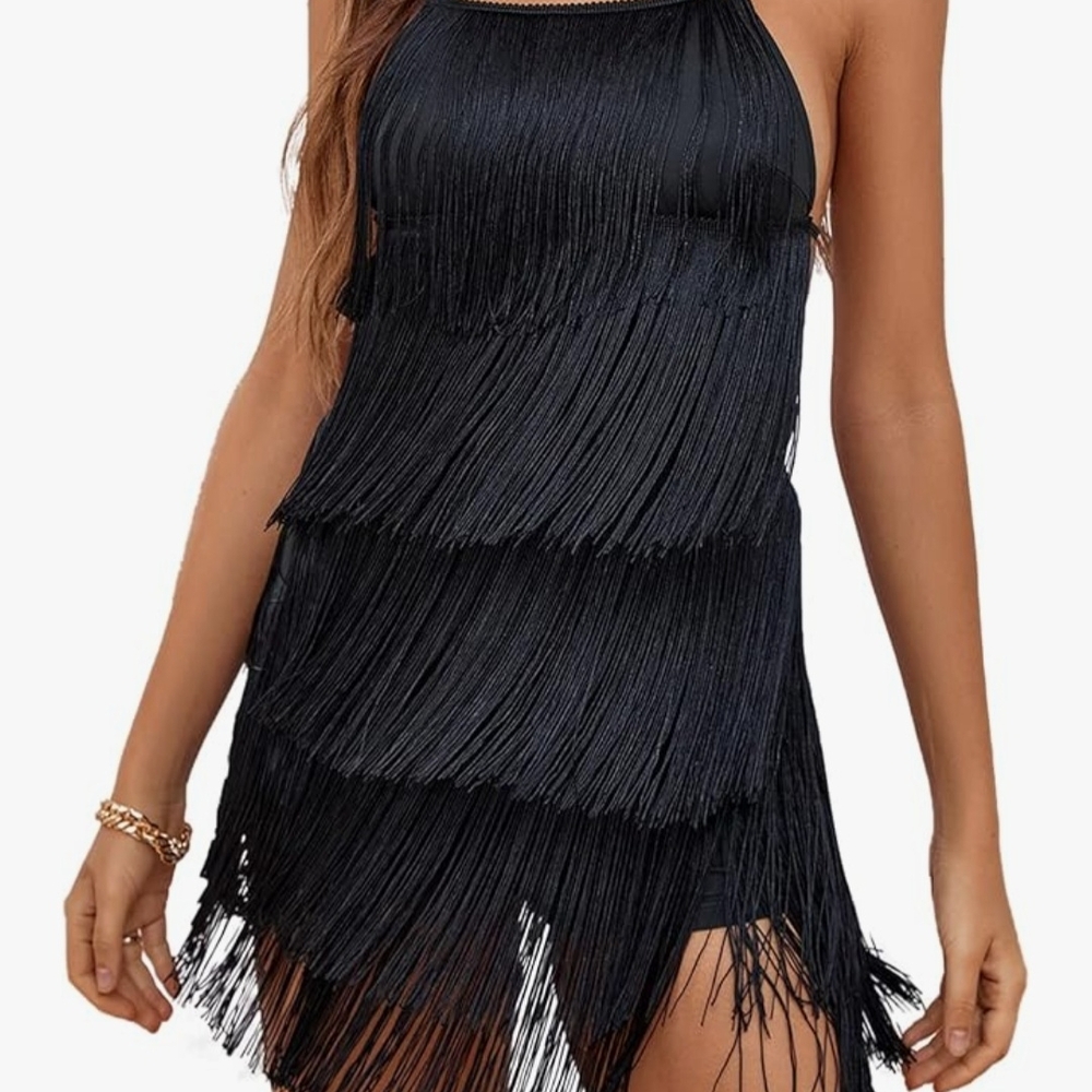 Black Fringe Halter Dress
